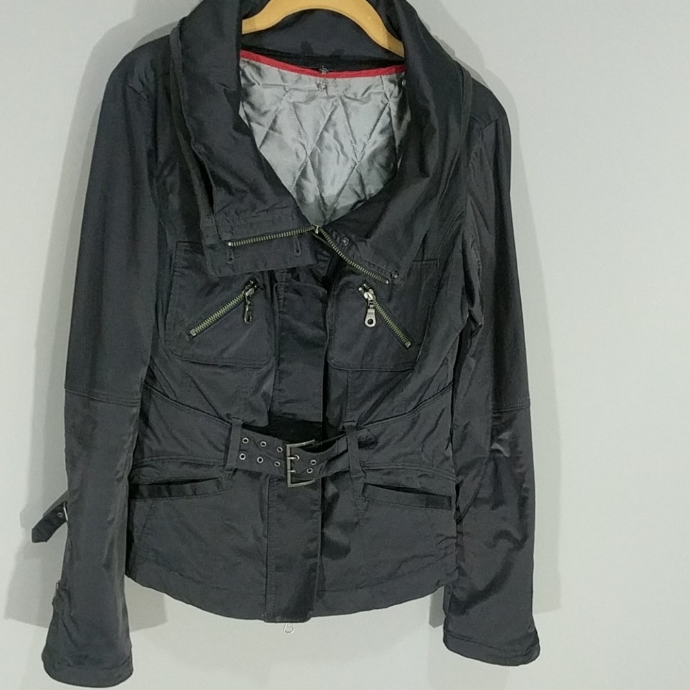 MILLARD FILLMORE Tailored Moto Jacket Quilted Lining Buckle Straps Dark Blue